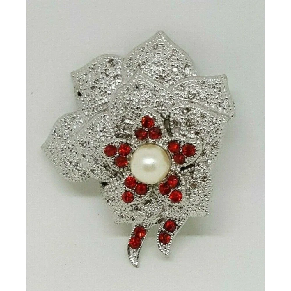 Flower‎ Red Crystal Rhinestone Silver Tone Cute Brooch Pin White Wedding Jewelry